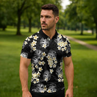 Black Tropical Hawaii Zipper Polo Shirt Seamless Monstera Plumeria Hawaiian Pattern - Polynesian Pride