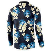 Blue Tropical Hawaii Button Sweatshirt Seamless Monstera Plumeria Hawaiian Pattern - Polynesian Pride