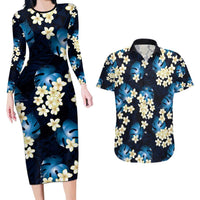 Blue Tropical Hawaii Couples Matching Long Sleeve Bodycon Dress and Hawaiian Shirt Seamless Monstera Plumeria Hawaiian Pattern - Polynesian Pride