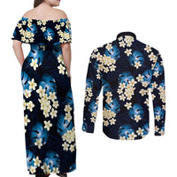 Blue Tropical Hawaii Couples Matching Off Shoulder Maxi Dress and Long Sleeve Button Shirt Seamless Monstera Plumeria Hawaiian Pattern - Polynesian Pride