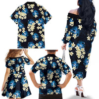 Blue Tropical Hawaii Family Matching Off The Shoulder Long Sleeve Dress and Hawaiian Shirt Seamless Monstera Plumeria Hawaiian Pattern - Polynesian Pride