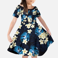 Blue Tropical Hawaii Kid Short Sleeve Dress Seamless Monstera Plumeria Hawaiian Pattern - Polynesian Pride