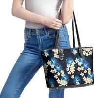 Blue Tropical Hawaii Leather Tote Bag Seamless Monstera Plumeria Hawaiian Pattern LT14 - Polynesian Pride