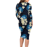 Blue Tropical Hawaii Long Sleeve Bodycon Dress Seamless Monstera Plumeria Hawaiian Pattern - Polynesian Pride