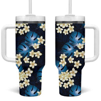 Blue Tropical Hawaii Tumbler With Handle Seamless Monstera Plumeria Hawaiian Pattern - Polynesian Pride