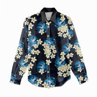 Blue Tropical Hawaii Women Casual Shirt Seamless Monstera Plumeria Hawaiian Pattern - Polynesian Pride