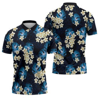 Blue Tropical Hawaii Zipper Polo Shirt Seamless Monstera Plumeria Hawaiian Pattern - Polynesian Pride