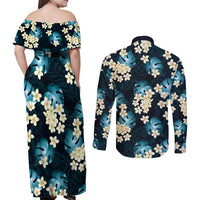 Dark Cyan Tropical Hawaii Couples Matching Off Shoulder Maxi Dress and Long Sleeve Button Shirt Seamless Monstera Plumeria Hawaiian Pattern - Polynesian Pride
