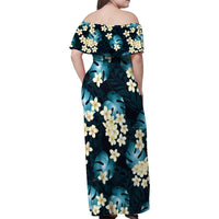 Dark Cyan Tropical Hawaii Family Matching Off Shoulder Maxi Dress and Hawaiian Shirt Seamless Monstera Plumeria Hawaiian Pattern - Polynesian Pride