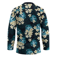 Dark Cyan Tropical Hawaii Hockey Jersey Seamless Monstera Plumeria Hawaiian Pattern - Polynesian Pride