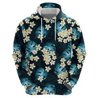 Dark Cyan Tropical Hawaii Hoodie Seamless Monstera Plumeria Hawaiian Pattern - Polynesian Pride