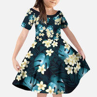 Dark Cyan Tropical Hawaii Kid Short Sleeve Dress Seamless Monstera Plumeria Hawaiian Pattern - Polynesian Pride