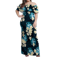 Dark Cyan Tropical Hawaii Off Shoulder Maxi Dress Seamless Monstera Plumeria Hawaiian Pattern - Polynesian Pride