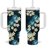 Dark Cyan Tropical Hawaii Tumbler With Handle Seamless Monstera Plumeria Hawaiian Pattern - Polynesian Pride