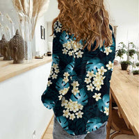 Dark Cyan Tropical Hawaii Women Casual Shirt Seamless Monstera Plumeria Hawaiian Pattern - Polynesian Pride