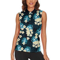 Dark Cyan Tropical Hawaii Women Sleeveless Polo Shirt Seamless Monstera Plumeria Hawaiian Pattern LT14 - Polynesian Pride