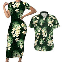 Green Tropical Hawaii Couples Matching Short Sleeve Bodycon Dress and Hawaiian Shirt Seamless Monstera Plumeria Hawaiian Pattern - Polynesian Pride