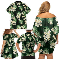 Green Tropical Hawaii Family Matching Off Shoulder Short Dress and Hawaiian Shirt Seamless Monstera Plumeria Hawaiian Pattern - Polynesian Pride