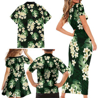 Green Tropical Hawaii Family Matching Short Sleeve Bodycon Dress and Hawaiian Shirt Seamless Monstera Plumeria Hawaiian Pattern - Polynesian Pride