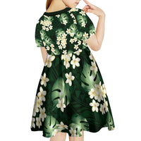 Green Tropical Hawaii Kid Short Sleeve Dress Seamless Monstera Plumeria Hawaiian Pattern - Polynesian Pride