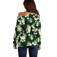 Green Tropical Hawaii Off Shoulder Sweater Seamless Monstera Plumeria Hawaiian Pattern LT14 - Polynesian Pride