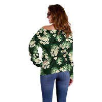 Green Tropical Hawaii Off Shoulder Sweater Seamless Monstera Plumeria Hawaiian Pattern LT14 - Polynesian Pride