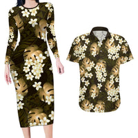 Gold Tropical Hawaii Couples Matching Long Sleeve Bodycon Dress and Hawaiian Shirt Seamless Monstera Plumeria Hawaiian Pattern - Polynesian Pride