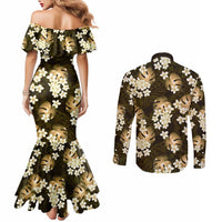 Gold Tropical Hawaii Couples Matching Mermaid Dress and Long Sleeve Button Shirt Seamless Monstera Plumeria Hawaiian Pattern - Polynesian Pride