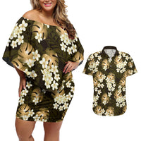 Gold Tropical Hawaii Couples Matching Off Shoulder Short Dress and Hawaiian Shirt Seamless Monstera Plumeria Hawaiian Pattern - Polynesian Pride