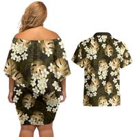 Gold Tropical Hawaii Couples Matching Off Shoulder Short Dress and Hawaiian Shirt Seamless Monstera Plumeria Hawaiian Pattern - Polynesian Pride