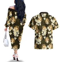 Gold Tropical Hawaii Couples Matching Off The Shoulder Long Sleeve Dress and Hawaiian Shirt Seamless Monstera Plumeria Hawaiian Pattern - Polynesian Pride