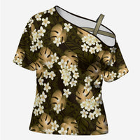 Gold Tropical Hawaii Cross Shoulder Shirt Seamless Monstera Plumeria Hawaiian Pattern - Polynesian Pride