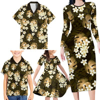 Gold Tropical Hawaii Family Matching Long Sleeve Bodycon Dress and Hawaiian Shirt Seamless Monstera Plumeria Hawaiian Pattern - Polynesian Pride
