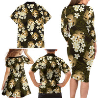 Gold Tropical Hawaii Family Matching Long Sleeve Bodycon Dress and Hawaiian Shirt Seamless Monstera Plumeria Hawaiian Pattern - Polynesian Pride