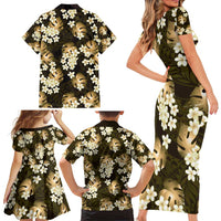 Gold Tropical Hawaii Family Matching Short Sleeve Bodycon Dress and Hawaiian Shirt Seamless Monstera Plumeria Hawaiian Pattern - Polynesian Pride