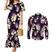 Purple Tropical Hawaii Couples Matching Mermaid Dress and Long Sleeve Button Shirt Seamless Monstera Plumeria Hawaiian Pattern - Polynesian Pride