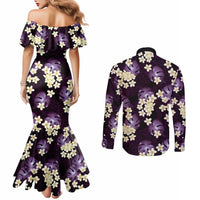 Purple Tropical Hawaii Couples Matching Mermaid Dress and Long Sleeve Button Shirt Seamless Monstera Plumeria Hawaiian Pattern - Polynesian Pride