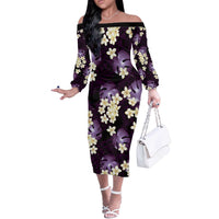 Purple Tropical Hawaii Off The Shoulder Long Sleeve Dress Seamless Monstera Plumeria Hawaiian Pattern - Polynesian Pride
