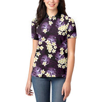 Purple Tropical Hawaii Women Polo Shirt Seamless Monstera Plumeria Hawaiian Pattern - Polynesian Pride