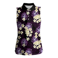 Purple Tropical Hawaii Women Sleeveless Polo Shirt Seamless Monstera Plumeria Hawaiian Pattern LT14 Female Purple - Polynesian Pride