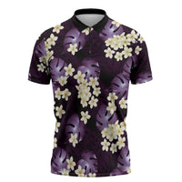 Purple Tropical Hawaii Zipper Polo Shirt Seamless Monstera Plumeria Hawaiian Pattern - Polynesian Pride