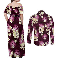 Pink Tropical Hawaii Couples Matching Off Shoulder Maxi Dress and Long Sleeve Button Shirt Seamless Monstera Plumeria Hawaiian Pattern - Polynesian Pride