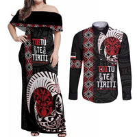 Aotearoa Toitu Te Tiriti Couples Matching Off Shoulder Maxi Dress and Long Sleeve Button Shirt Honour The Treaty Maori Haka