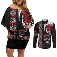 Aotearoa Toitu Te Tiriti Couples Matching Off Shoulder Short Dress and Long Sleeve Button Shirt Honour The Treaty Maori Haka