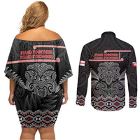 Aotearoa Toitu Te Tiriti Couples Matching Off Shoulder Short Dress and Long Sleeve Button Shirt Stand Together! Stand Stronger! - NZ Tiki