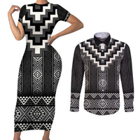 Black Taniko Aotearoa Couples Matching Short Sleeve Bodycon Dress and Long Sleeve Button Shirt Niho Taniwha Mix Poutama LT14