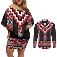 Red Taniko Aotearoa Couples Matching Off Shoulder Short Dress and Long Sleeve Button Shirt Niho Taniwha Mix Poutama LT14