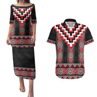 Red Taniko Aotearoa Couples Matching Puletasi and Hawaiian Shirt Niho Taniwha Mix Poutama LT14