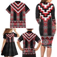 Red Taniko Aotearoa Family Matching Long Sleeve Bodycon Dress and Hawaiian Shirt Niho Taniwha Mix Poutama LT14 - Polynesian Pride