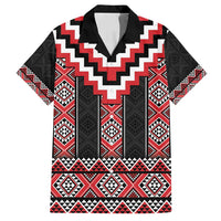 Red Taniko Aotearoa Family Matching Long Sleeve Bodycon Dress and Hawaiian Shirt Niho Taniwha Mix Poutama LT14 Dad's Shirt - Short Sleeve Red - Polynesian Pride